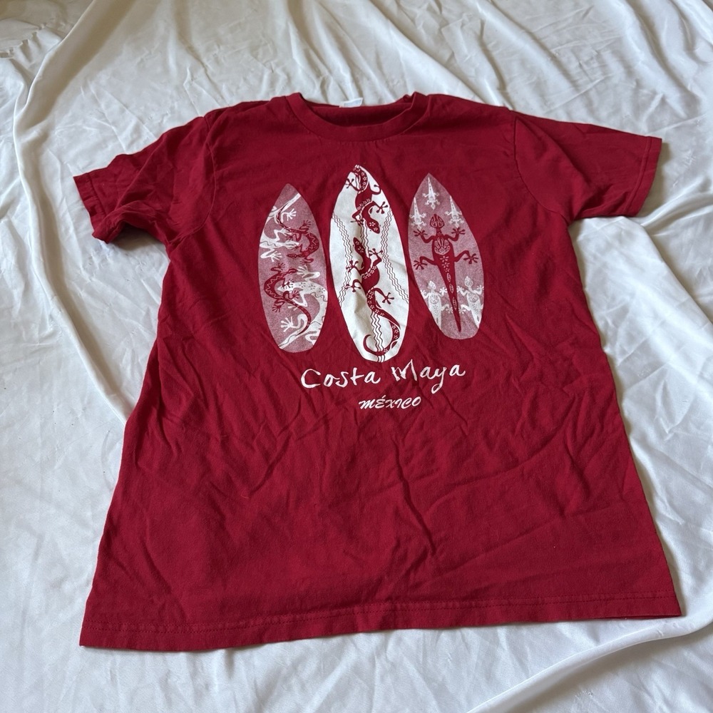 Costa Maya Mexico Surfboard Gecko Graphic T Shirt Red Size M